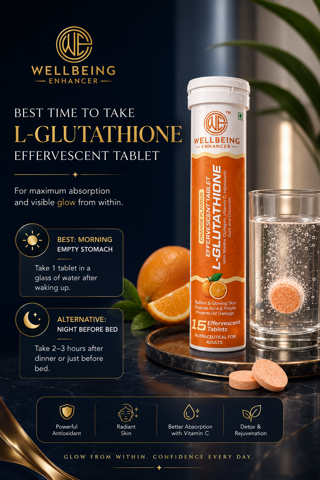 Wellbeing Enhancer L-Glutathione Effervescent Tablets | Skin Glow, Collagen & Antioxidant Support