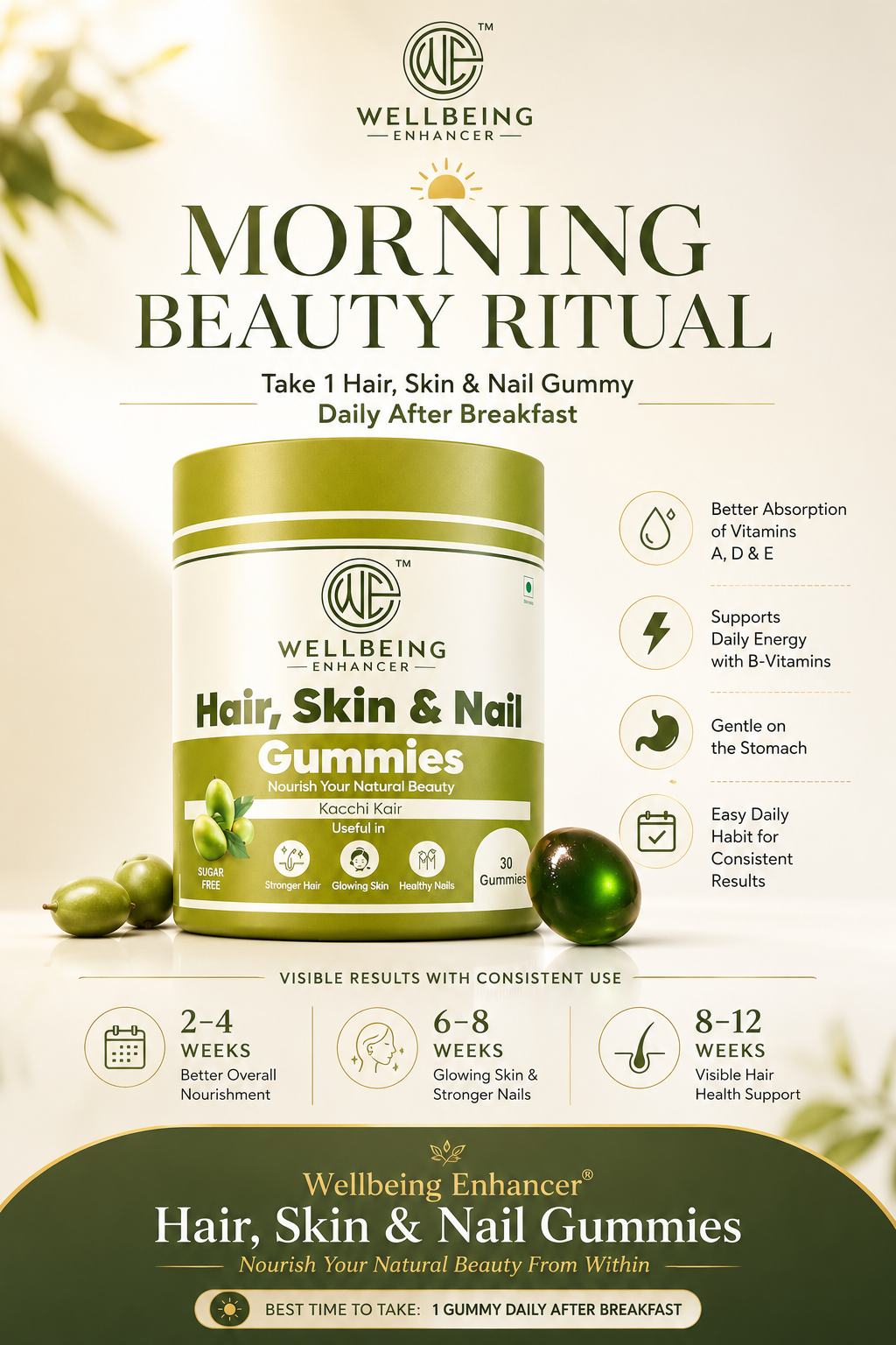 Wellbeing Enhancer Hair, Skin & Nail Gummies | Biotin Gummies for Hair Growth, Glowing Skin & Strong Nails