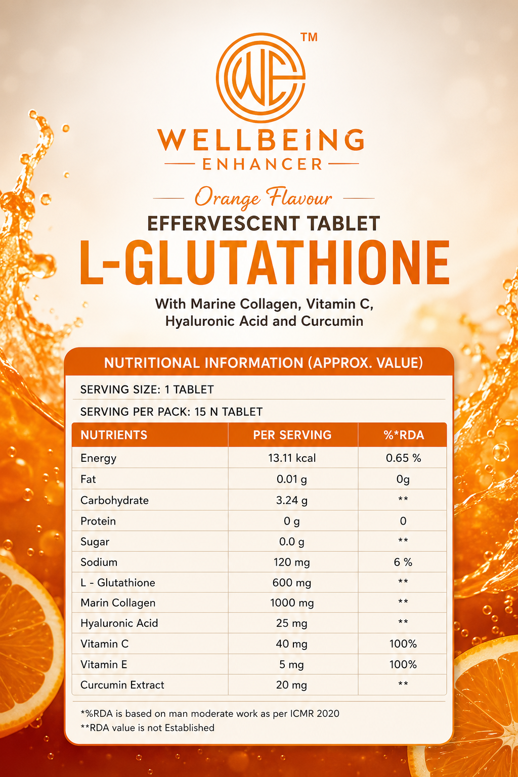 Wellbeing Enhancer L-Glutathione Effervescent Tablets | Skin Glow, Collagen & Antioxidant Support